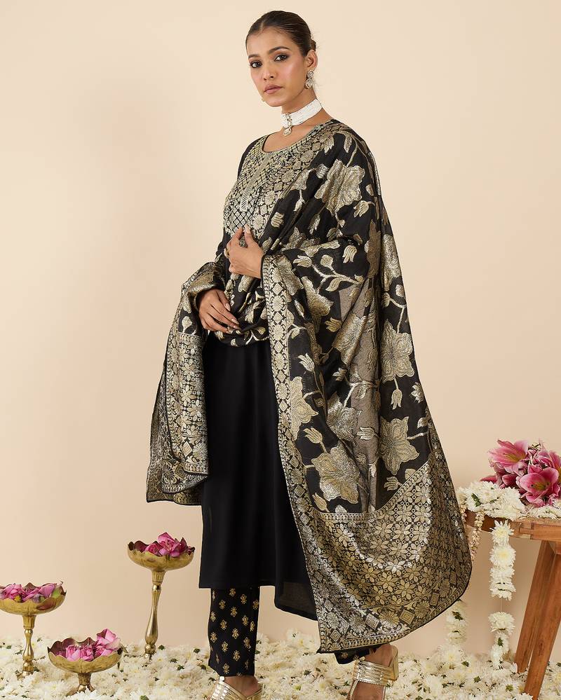 Black embroidered viscose rayon kurta trouser dupatta set