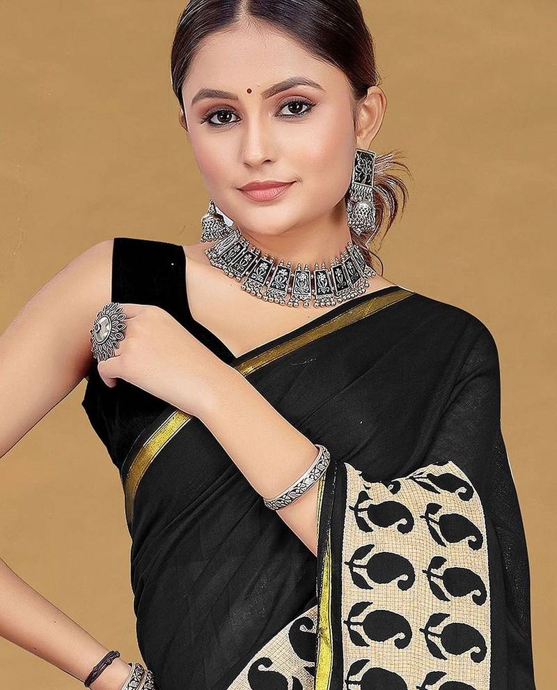 Black printed sarees & blouse piece