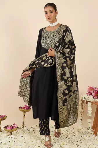 Black embroidered viscose rayon kurta trouser dupatta set