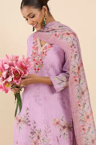 Lavender embroidered linen kurta trouser dupatta set