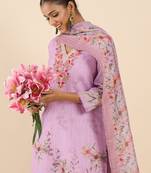 Lavender embroidered linen kurta trouser dupatta set
