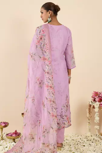 Lavender embroidered linen kurta trouser dupatta set