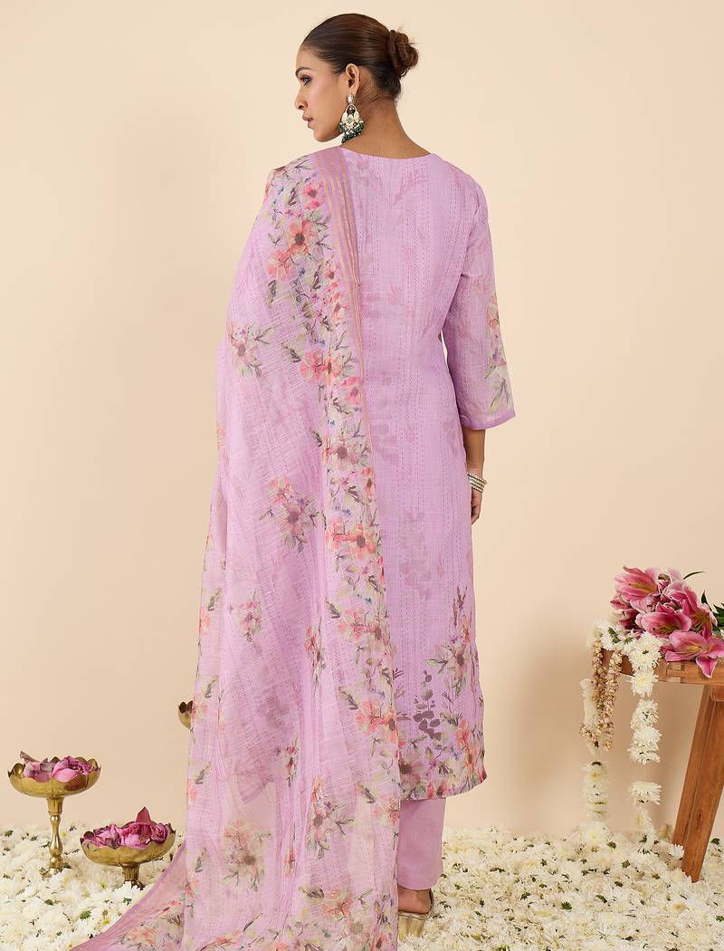 Lavender embroidered linen kurta trouser dupatta set