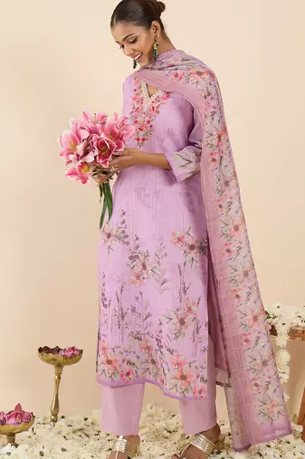 Lavender embroidered linen kurta trouser dupatta set