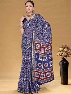 Blue printed sarees & blouse piece 1