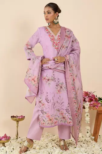 Lavender embroidered linen kurta trouser dupatta set