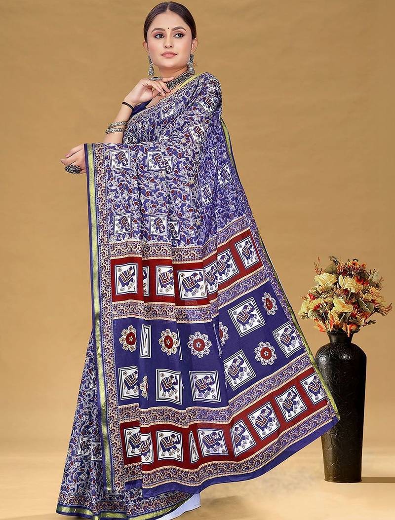 Blue printed sarees & blouse piece