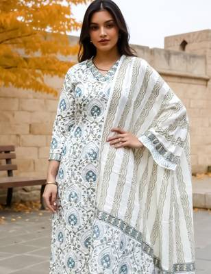 White printed pure cotton kurta trouser dupatta set 1
