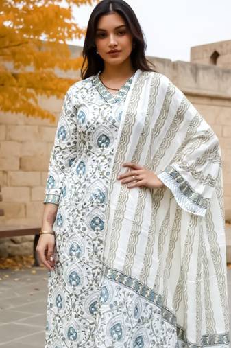 White printed pure cotton kurta trouser dupatta set