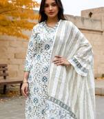 White printed pure cotton kurta trouser dupatta set
