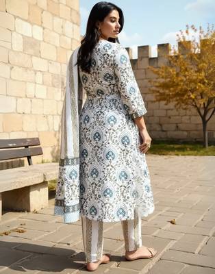White printed pure cotton kurta trouser dupatta set 2