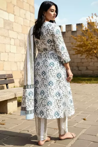 White printed pure cotton kurta trouser dupatta set
