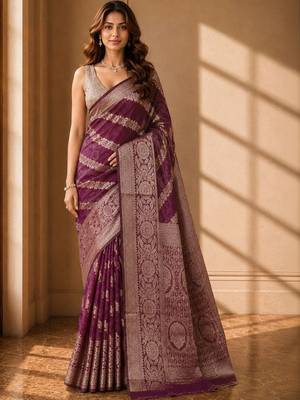 Purple woven design zari organza banarasi saree 1