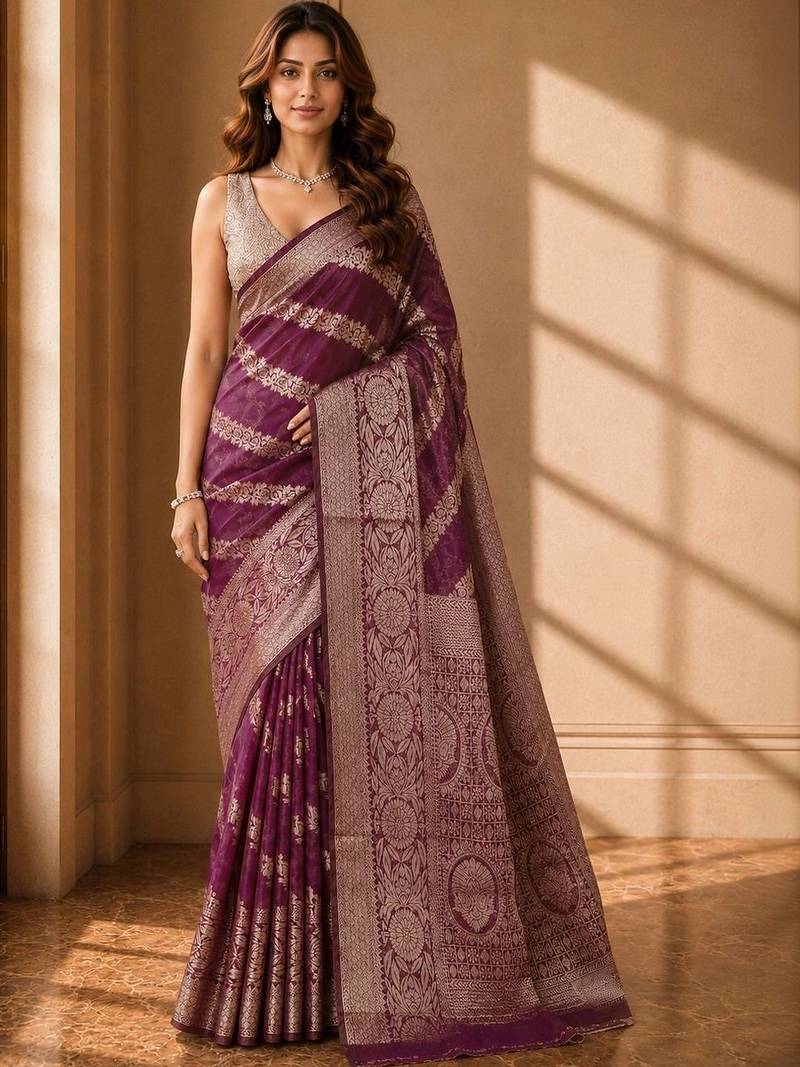 Purple woven design zari organza banarasi saree
