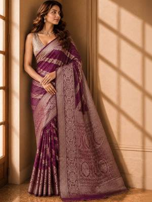 Purple woven design zari organza banarasi saree 5