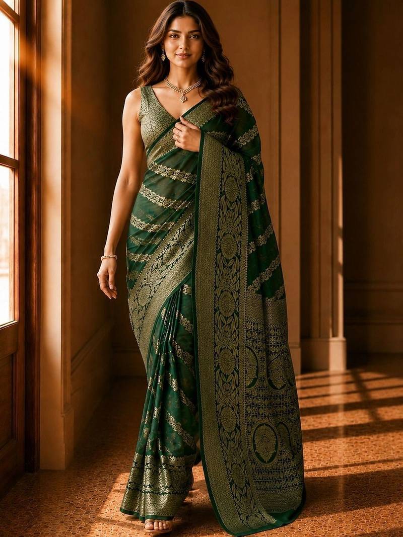 Green woven design zari organza banarasi saree
