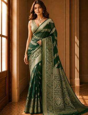 Green woven design zari organza banarasi saree 2