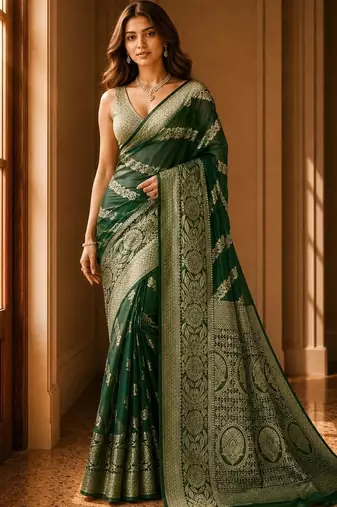 Green woven design zari organza banarasi saree
