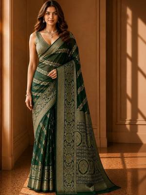Green woven design zari organza banarasi saree 4