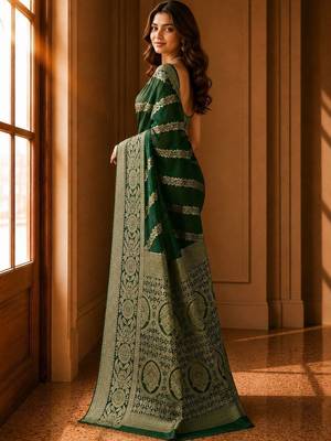 Green woven design zari organza banarasi saree 5