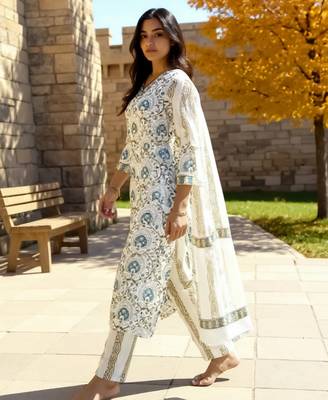 White printed pure cotton kurta trouser dupatta set 3