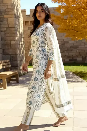 White printed pure cotton kurta trouser dupatta set
