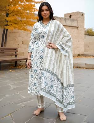 White printed pure cotton kurta trouser dupatta set 4