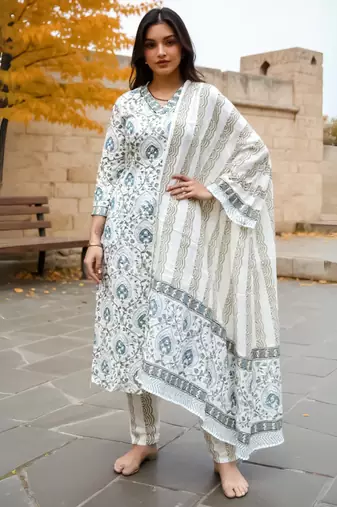 White printed pure cotton kurta trouser dupatta set