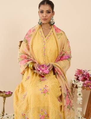 Yellow embroidered organza kurta trouser dupatta set 1