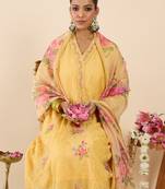 Yellow embroidered organza kurta trouser dupatta set