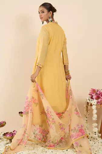 Yellow embroidered organza kurta trouser dupatta set