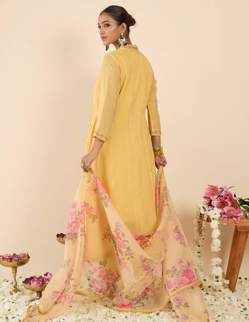 Yellow embroidered organza kurta trouser dupatta set