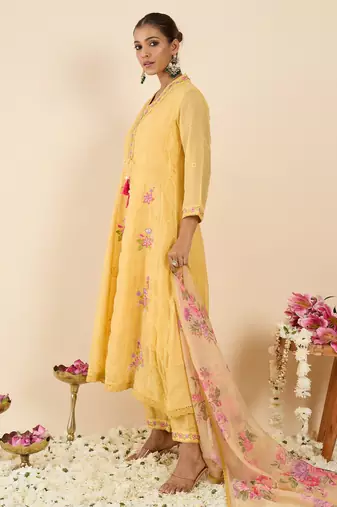 Yellow embroidered organza kurta trouser dupatta set