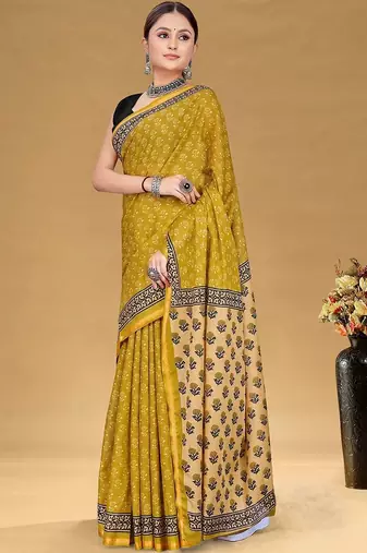 Yellow printed sarees & blouse piece