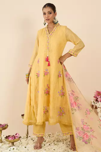 Yellow embroidered organza kurta trouser dupatta set