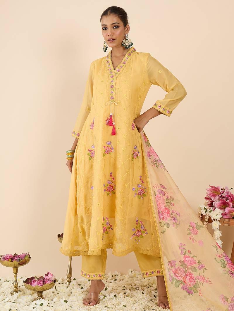 Yellow embroidered organza kurta trouser dupatta set