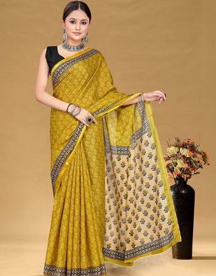 Yellow printed sarees & blouse piece 3