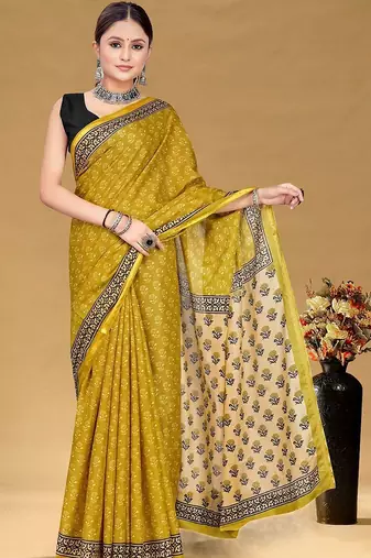 Yellow printed sarees & blouse piece