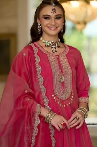 Pink embroidered silk blend kurta trouser dupatta set