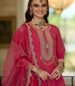 Pink embroidered silk blend kurta trouser dupatta set