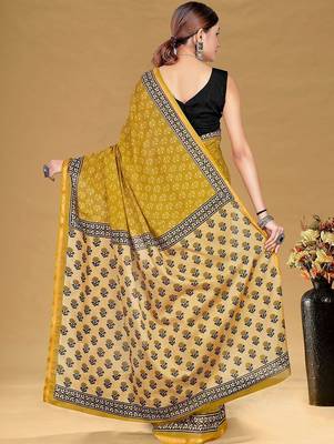 Yellow printed sarees & blouse piece 4