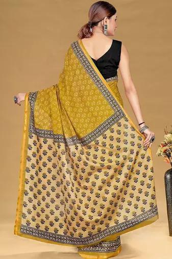 Yellow printed sarees & blouse piece