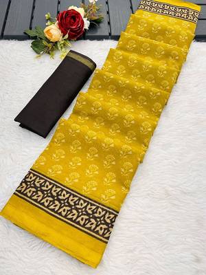 Yellow printed sarees & blouse piece 5
