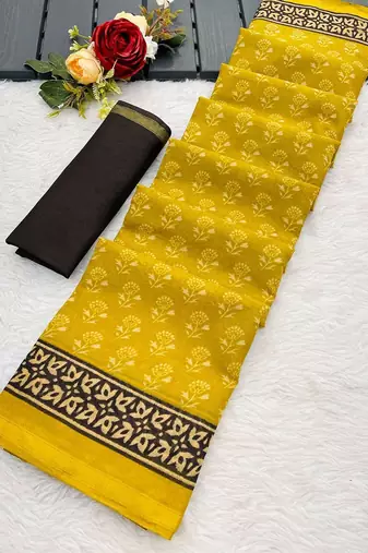 Yellow printed sarees & blouse piece