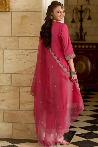 Pink embroidered silk blend kurta trouser dupatta set