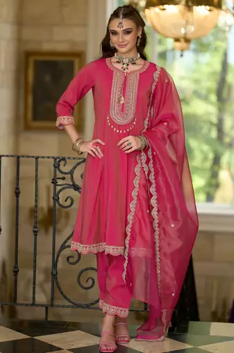 Pink embroidered silk blend kurta trouser dupatta set