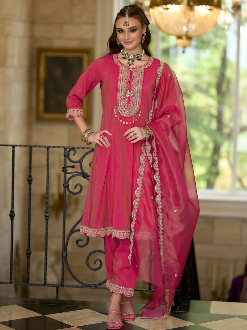 Pink embroidered silk blend kurta trouser dupatta set