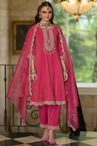 Pink embroidered silk blend kurta trouser dupatta set