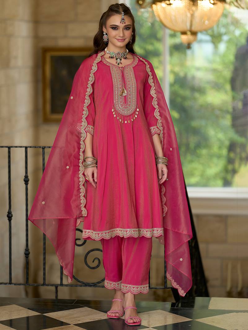 Pink embroidered silk blend kurta trouser dupatta set