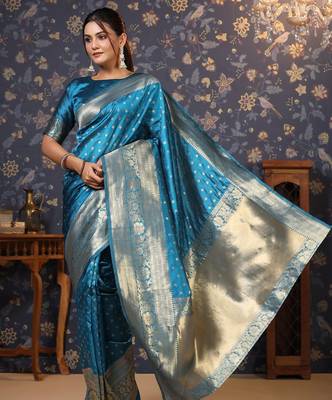 Turquoise ethnic motifs woven design zari banarasi saree 1